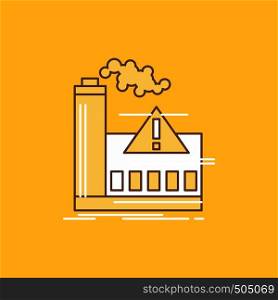 pollution, Factory, Air, Alert, industry Flat Line Filled Icon. Beautiful Logo button over yellow background for UI and UX, website or mobile application. Vector EPS10 Abstract Template background