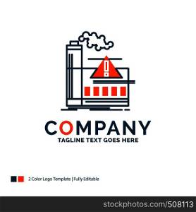 pollution, Factory, Air, Alert, industry Logo Design. Blue and Orange Brand Name Design. Place for Tagline. Business Logo template.