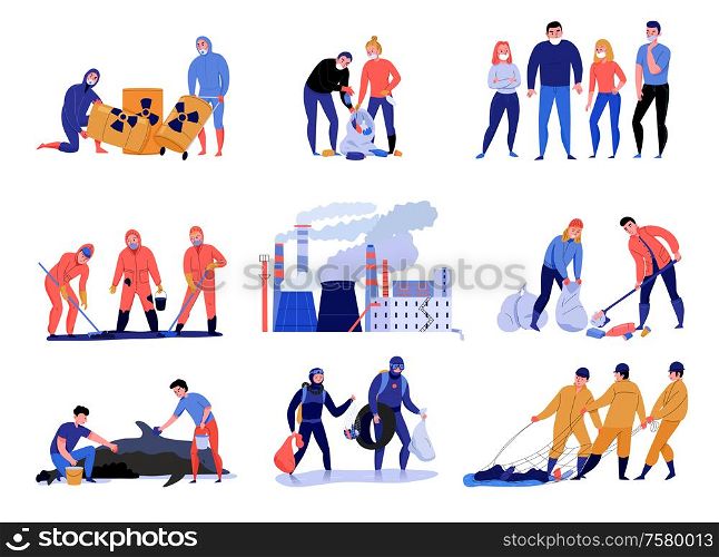 Pollution flat icons set with people cleaning polluted areas isolated on white background vector illustration
