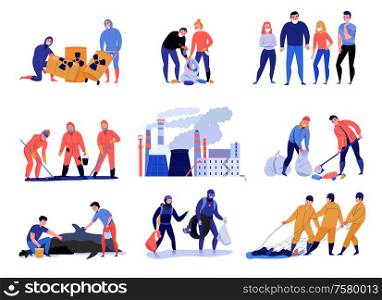 Pollution flat icons set with people cleaning polluted areas isolated on white background vector illustration