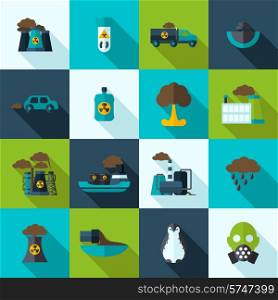 Pollution flat icons set with plant waste ocean contamination isolated vector illustration