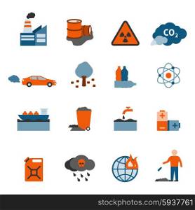 Pollution Icons Set . Pollution and garbage icons set with water air and ground pollution symbols flat isolated vector illustration