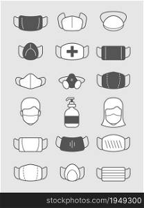 Pollution mask symbols. Medical protection icon treatment man with face shield or mask viruses vector set. Medical mask protective equipment illustration. Pollution mask symbols. Medical protection icon treatment man with face shield or mask viruses vector set