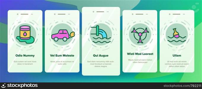 Pollution of Environment Vector Onboarding Mobile App Page Screen. Air, Water, Soil Pollution Problems Pictograms. Chemical Contamination, Gas Emissions, Deforestation, Global Warming Illustrations. Pollution of Environment Vector Onboarding