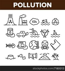 Pollution of Environment Vector Thin Line Icons Set. Air, Water, Soil Pollution Problems Linear Pictograms. Chemical Contamination, Gas Emissions, Deforestation, Global Warming Contour Illustrations. Pollution of Environment Vector Thin Line Icons Set