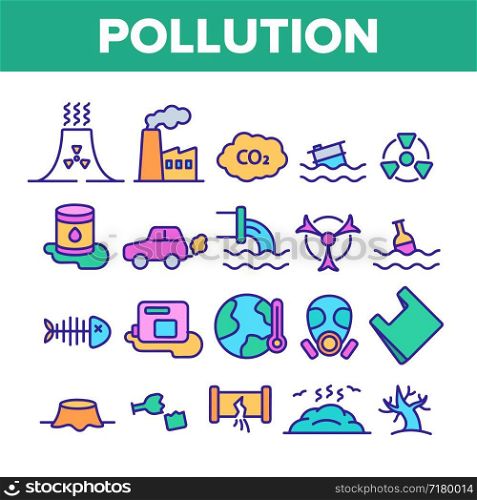 Pollution of Environment Vector Thin Line Icons Set. Air, Water, Soil Pollution Problems Linear Pictograms. Chemical Contamination, Gas Emissions, Deforestation, Global Warming Contour Illustrations. Pollution of Environment Vector Color Line Icons Set