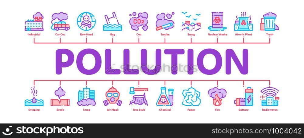 Pollution of Nature Minimal Infographic Web Banner Vector. Environmental Pollution, Chemical, Radiological Contamination Linear Pictograms. Gas, CO2 Emissions, Dirty Soil, Water, Air Illustrations. Pollution of Nature Minimal Infographic Banner Vector