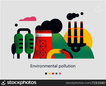 Pollution of the environment by harmful emissions into the atmosphere and water. Factories, Smoking chimneys, the discharge of harmful wastes into the river could. Vector colorful illustration with textures with space for text.. Pollution of the environment by harmful emissions into the atmosphere and water. Vector illustration.