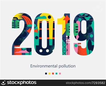 Pollution of the environment by harmful emissions into the atmosphere and water. Factories, Smoking chimneys, the discharge of harmful wastes into the river could. Vector colorful illustration with textures with space for text.