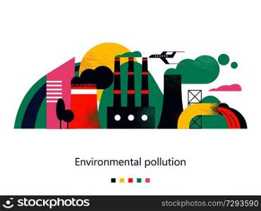 Pollution of the environment by harmful emissions into the atmosphere and water. Factories, Smoking chimneys, the discharge of harmful wastes into the river could. Vector colorful illustration with textures with space for text.. Pollution of the environment by harmful emissions into the atmosphere and water. Vector illustration.