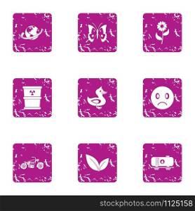Pollution oil icons set. Grunge set of 9 pollution oil vector icons for web isolated on white background. Pollution oil icons set, grunge style
