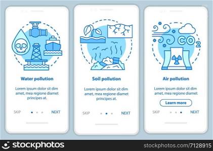 Pollution onboarding mobile app page screen vector template. Water, soil and air waste contamination. Walkthrough website steps with linear illustrations. UX, UI, GUI smartphone interface concept