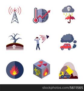 Pollution toxic environment damage and contamination flat icons isolated vector illustration