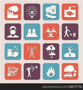 Pollution toxic environment damage radioactive garbage and contamination silhouette icons isolated vector illustration