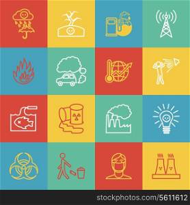 Pollution toxic environment damage radioactive garbage and global warming outline icons isolated vector illustration