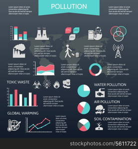 Pollution water air soil pollution global warming infographic set vector illustration