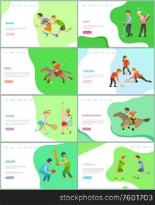 Polo and tennis game vector, british sports and competitions woman playing together using rackets and balls, racing and curling, cricket football. Different types of english sport. Horse Ricing and Polo Tennis Curling Team Web
