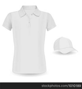 Polo Shirt Mockup. White Vector Tshirt and Baseball Cap Template isolated on Background. Shirt with Collar and Visor Hat Casual Clothing Illustration. Realistic Wear Outfit Short Sleeve Polo Promotion. Polo Shirt Mockup. Vector Tshirt and Baseball Cap