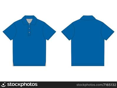 Polo t-shirt design template in blue colors. Front and back technical sketch unisex polo t shirt. Vector illustration. Polo t-shirt design template in blue colors. Front and back technical sketch