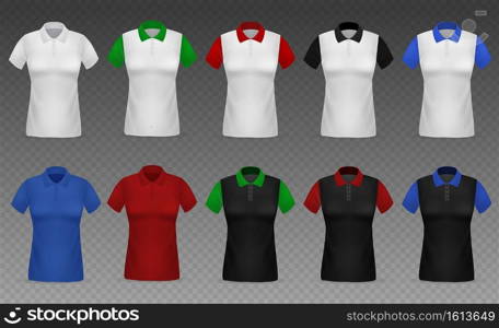 Polo t-shirt. Realistic female coloured active lifestyle front view clothing collection, women sports apparel templates, combined colors. Empty textile for marketing branding. Vector isolated mockups. Polo t-shirt. Realistic female coloured active lifestyle front view clothing, women sports apparel template set, combined colors. Empty textile for marketing branding. Vector isolated mockups