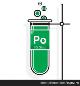 Polonium symbol on label in a green test tube with holder. Element number 84 of the Periodic Table of the Elements - Chemistry
