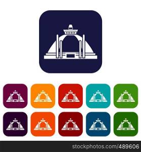 Polonnaruwa, ancient stupa icons set vector illustration in flat style in colors red, blue, green, and other. Polonnaruwa, ancient stupa icons set