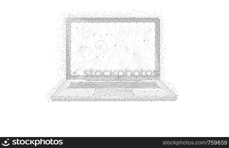 Polygon laptop with blockchain technology peer to peer network isolated on white background. Network, e-commerce, bitcoin and global cryptocurrency blockchain business banner concept. Low poly design.. Polygon laptop isolated on white background.