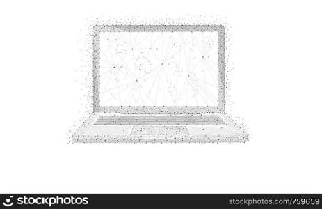 Polygon laptop with blockchain technology peer to peer network isolated on white background. Network, e-commerce, bitcoin and global cryptocurrency blockchain business banner concept. Low poly design.. Polygon laptop isolated on white background.