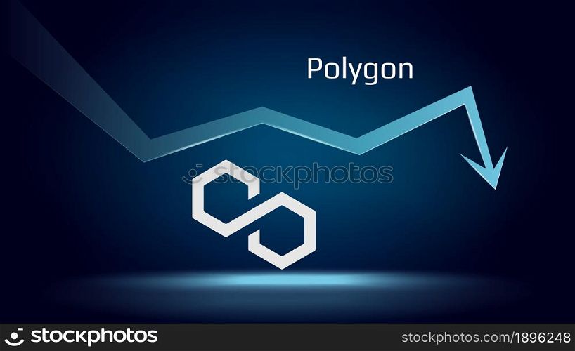 Polygon MATIC in downtrend and price falls down. Cryptocurrency coin symbol and down arrow. Crushed and fell down. Cryptocurrency trading crisis and crash. Vector illustration.
