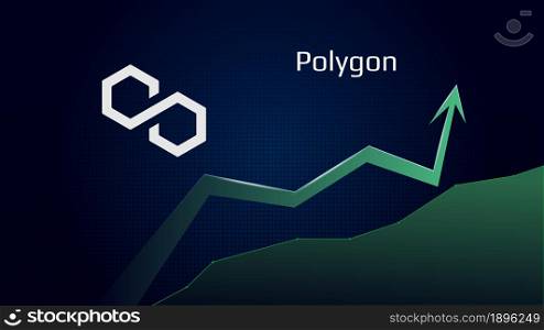 Polygon MATIC in uptrend and price is rising. Cryptocurrency coin symbol and green up arrow. Flies to the moon. Vector illustration.