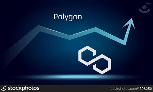 Polygon MATIC in uptrend and price is rising. Cryptocurrency coin symbol and up arrow. Flies to the moon. Vector illustration.