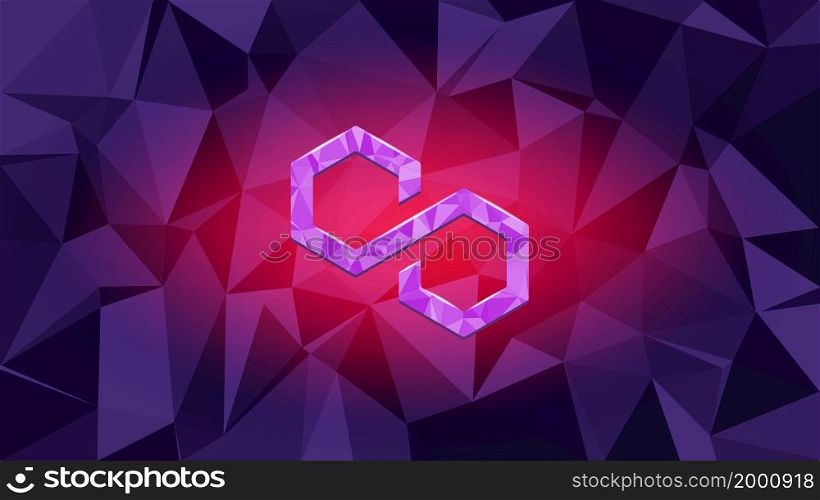 Polygon MATIC token symbol cryptocurrency on dark purple polygonal background. Cryptocurrency coin logo icon.. Polygon MATIC token symbol cryptocurrency on dark purple polygonal background. Cryptocurrency coin logo icon. Vector illustration.