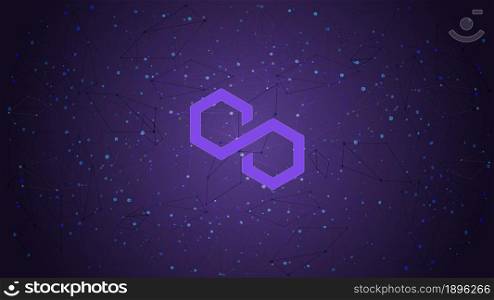 Polygon MATIC token symbol cryptocurrency theme on purple polygonal background. Cryptocurrency coin logo icon. Vector illustration.