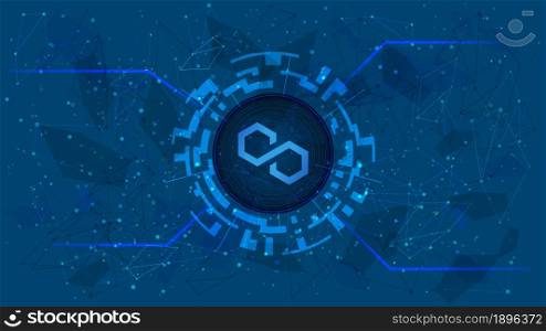 Polygon MATIC token symbol in digital circle with cryptocurrency theme on blue background. Cryptocurrency coin icon. Vector illustration.
