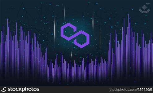 Polygon MATIC token symbol on dark polygonal background with wave of lines. Cryptocurrency coin logo icon. Vector illustration.
