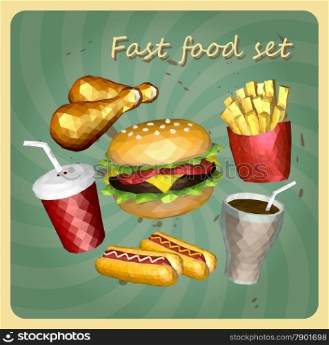 Polygon Retro style fast foods set, consist of hamburger, fried chicken, hot dog, french fries and soft drink