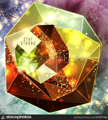 Polygonal cosmic background with quote and labels. Crystal and triangles, low poly illustration