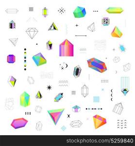 Polygonal Crystals Icons Big Set . Geometric diamond prism shaped polygonal crystals bright colorful and black contour outline icons big set isolated vector illustration