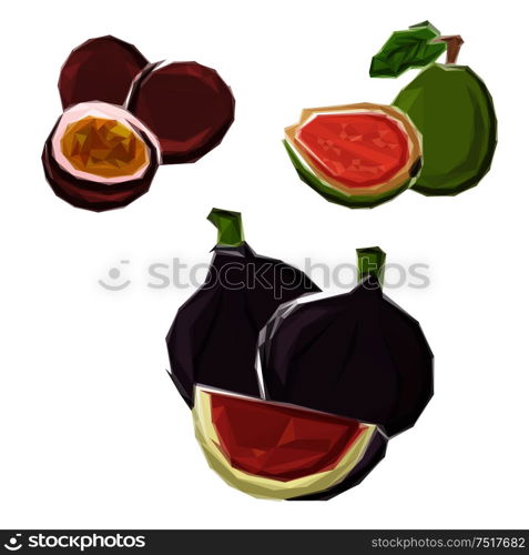 Polygonal deep violet figs, green guava and purple maracuja fruits symbols with abstract geometric low poly slices. Grocery store and vegetarian dessert design usage. Low poly figs, guava and maracuja fruits