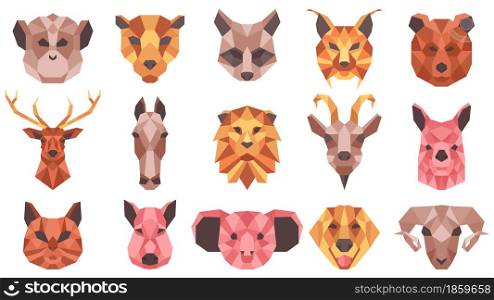 Polygonal geometric animals low poly portraits. Wild and domestic animals faces, cat, horse, racoon, goat vector illustration set. Geometric animal heads creative, symbol polygonal triangle. Polygonal geometric animals low poly portraits. Wild and domestic animals faces, cat, horse, racoon, goat vector illustration set. Geometric animal heads