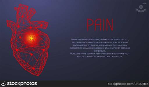 Polygonal human heart made of red lines and dots. Medical research of internal organs, innovative approach concept. Organ of human cardiovascular system. Modern depiction of blood pumping organ.. Modern depiction of human cardiovascular system organ for blood pumping. Polygonal human heart