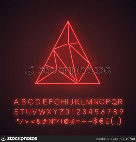 Polygonal triangle neon light icon. Geometric flat figure. riangular decorative element. Abstract shape. Isometric form. Glowing sign with alphabet, numbers and symbols. Vector isolated illustration