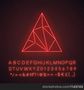 Polygonal triangle neon light icon. Geometric flat figure. riangular decorative element. Abstract shape. Isometric form. Glowing sign with alphabet, numbers and symbols. Vector isolated illustration