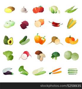 Polygonal Vegetables Icon Set. Vegetables polygonal set of isolated colorful polyangular green grocery images of ripe fruit and its slice vector illustration
