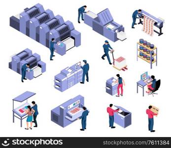 Polygraphy isometric set of professional equipment for various types of printing with workers servicing machines vector illustration