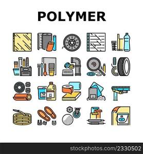 Polymer Material Industry Goods Icons Set Vector. Conveyor Belt And Garden Hose, Wheel And Bottle, Polyester Resin Bag And Container Polymer Industrial Production Color Illustrations. Polymer Material Industry Goods Icons Set Vector