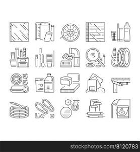 Polymer Material Industry Goods Icons Set Vector. Conveyor Belt And Garden Hose, Wheel And Bottle, Polyester Resin Bag And Container Polymer Industrial Production Black Contour Illustrations. Polymer Material Industry Goods Icons Set Vector