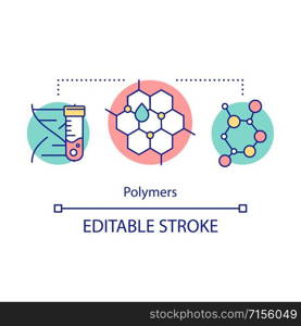 Polymers concept icon. Biomimetic materials. Biopolymers. Polymeric biomolecules. Molecular structure. Bioengineering idea thin line illustration. Vector isolated outline drawing. Editable stroke