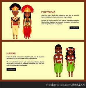 Polynesia and hawaii set of web-pages representing two nationalities with their peculiarities, text and button on vector illustration. Polynesia and Hawaii Set on Vector Illustration