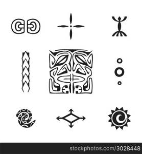 polynesian tattoo indigenous primitive art. vector black monochrome ink hand drawn native polynesian folk art symbols Tiki, Ipu, Tapa flower, Enata, spear heads, Kautupa, fern, birds net, sun illustrations isolated white background